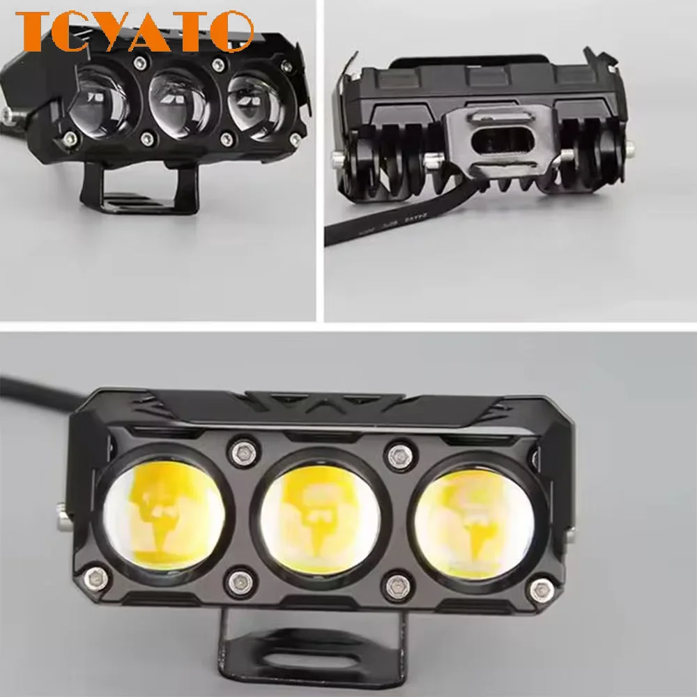 TCYATO 3 Eye Light Motorcycle LED Spotlight Dual Color Yellow White High and Low Beam Lights, Suitable for Cars and Trucks 12V