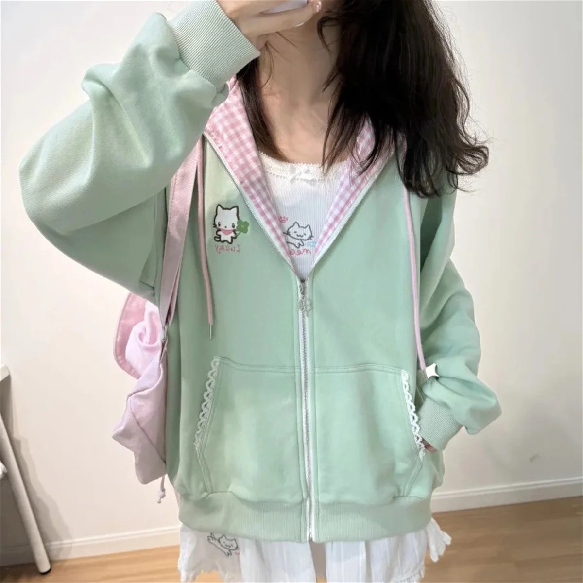 Y2k Hoodies Green Kawaii Cat Floral Print Hooded Zip-up Woman Sweatshirts Pink Ins Jacket Spring Fall Clothes Cute Streetwear view 4