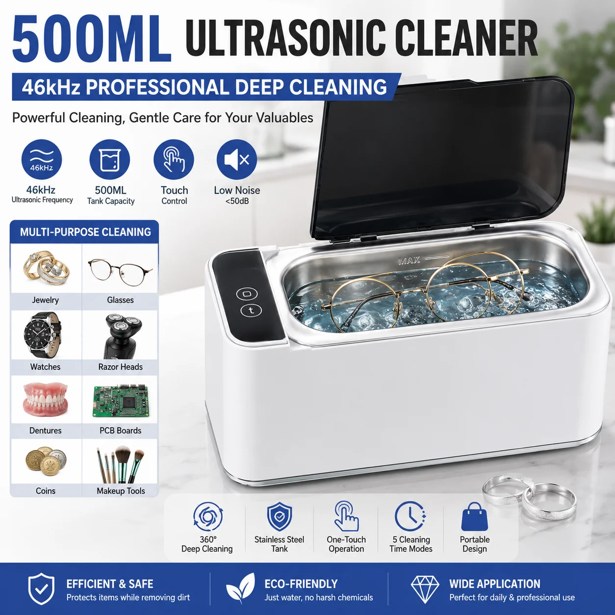 500ML Ultraschallreiniger 46kHz Professionelle Ultraschall-Reinigungsmaschine für Schmuck, Brillen, Uhren, Rasiererköpfe, Zahnprothesen, Leiterplatten, Münzen, Make-up-Werkzeuge, Tiefenreinigung,