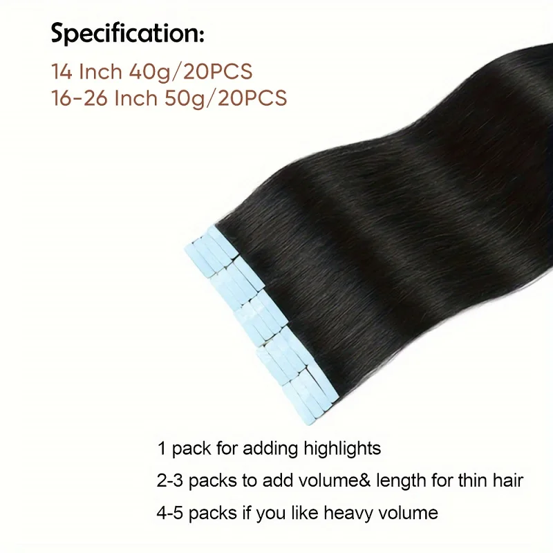 Alimice Tape In Hair Extensions Menselijk Haar Jet Black 50G 20 Stuks Naadloze Remy Steil Haar Onzichtbare Tape In Hair Extensions