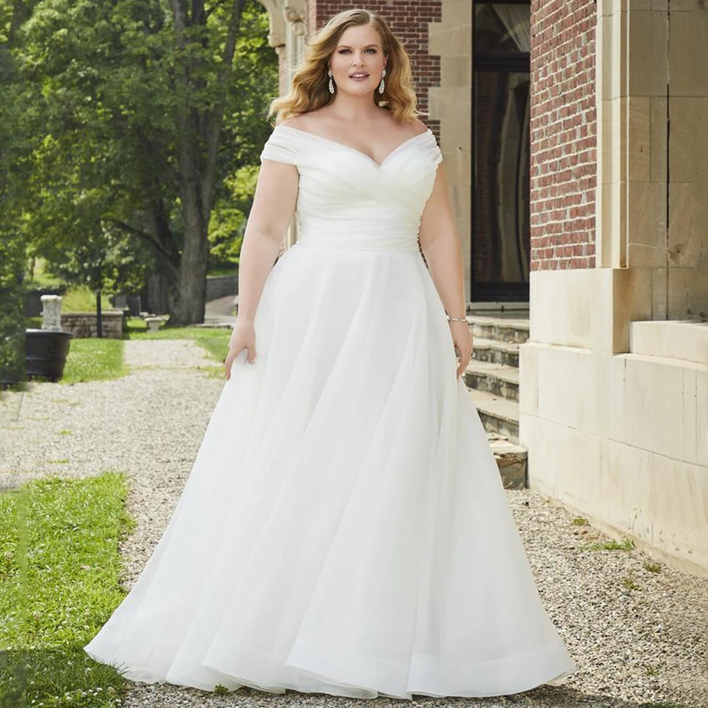 Simple Off the Shoulder Pleat Wedding Dress Short Sleeve Classic A-Line Floor Length with Buttons Sweep Train Open Back Gowns