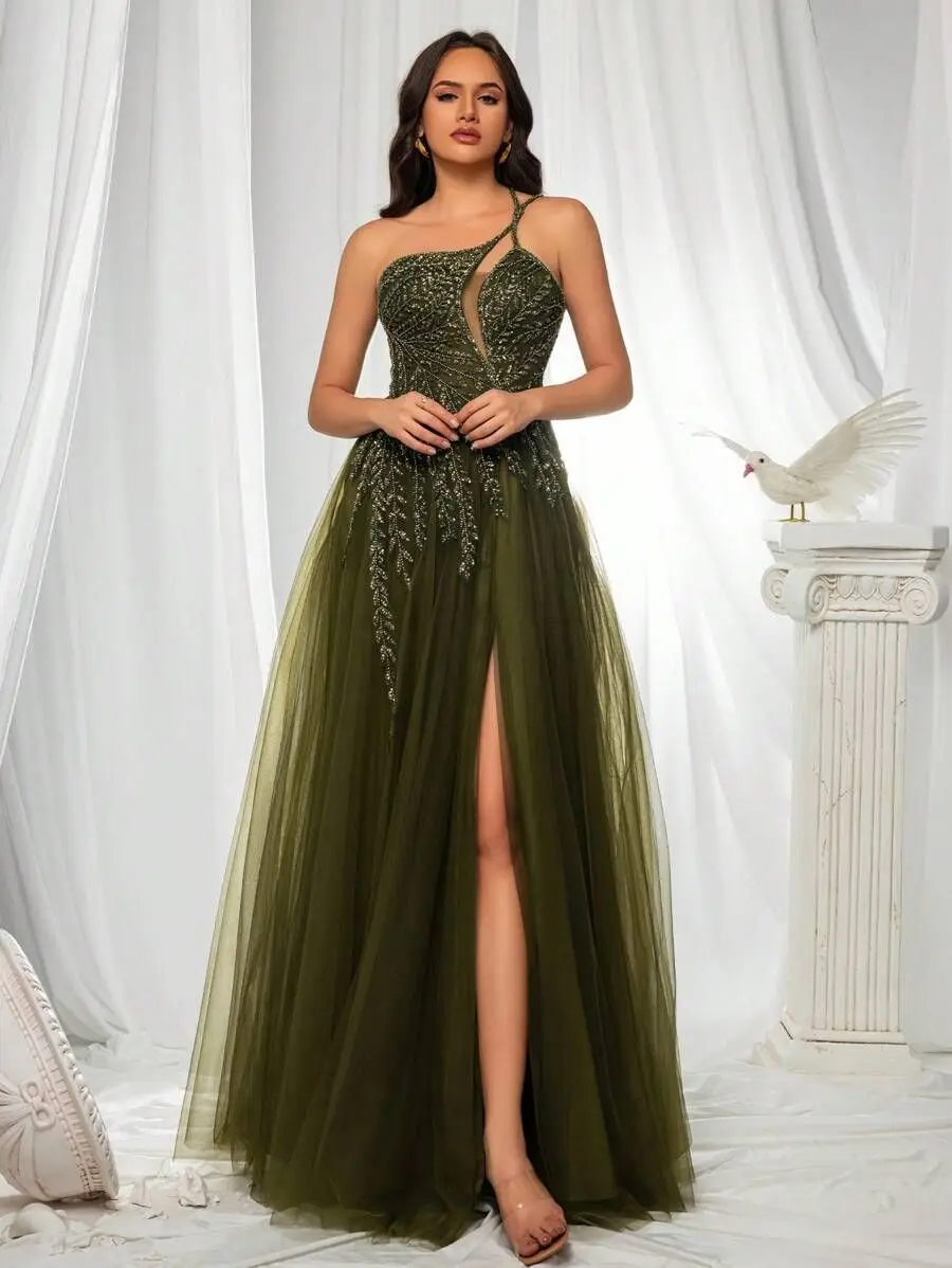 Sexy One Shoulder Beaded Decoration Sheer Mesh High Slit Prom Dresses A-Line Sleeveless Formal Long Evening Party Ball Gown