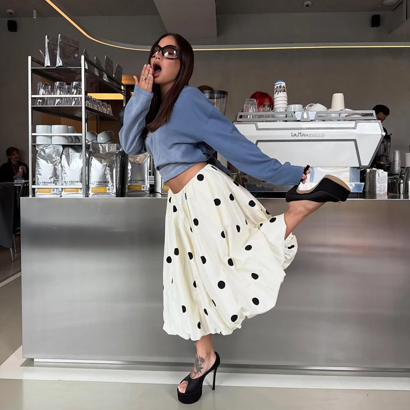 Polka Dot Bubble Skirt Women Summer Elegant Balloon Midi Skirts Vintage high Waist Flattery Puff Vacation Party Long Skirt