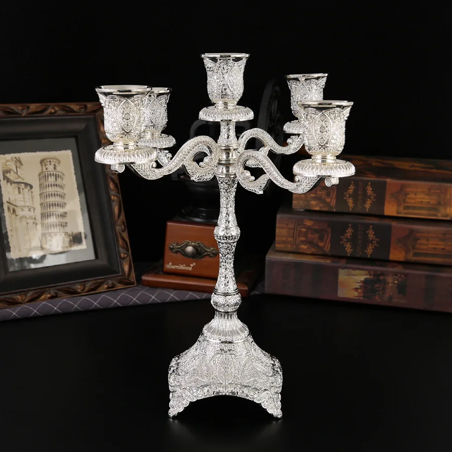 5 Arm Candlestick Holder Table Candelabrum Silver Gold Candle Stand Wedding Candelabra for Kitchen Fireplace Candlelight Dinner