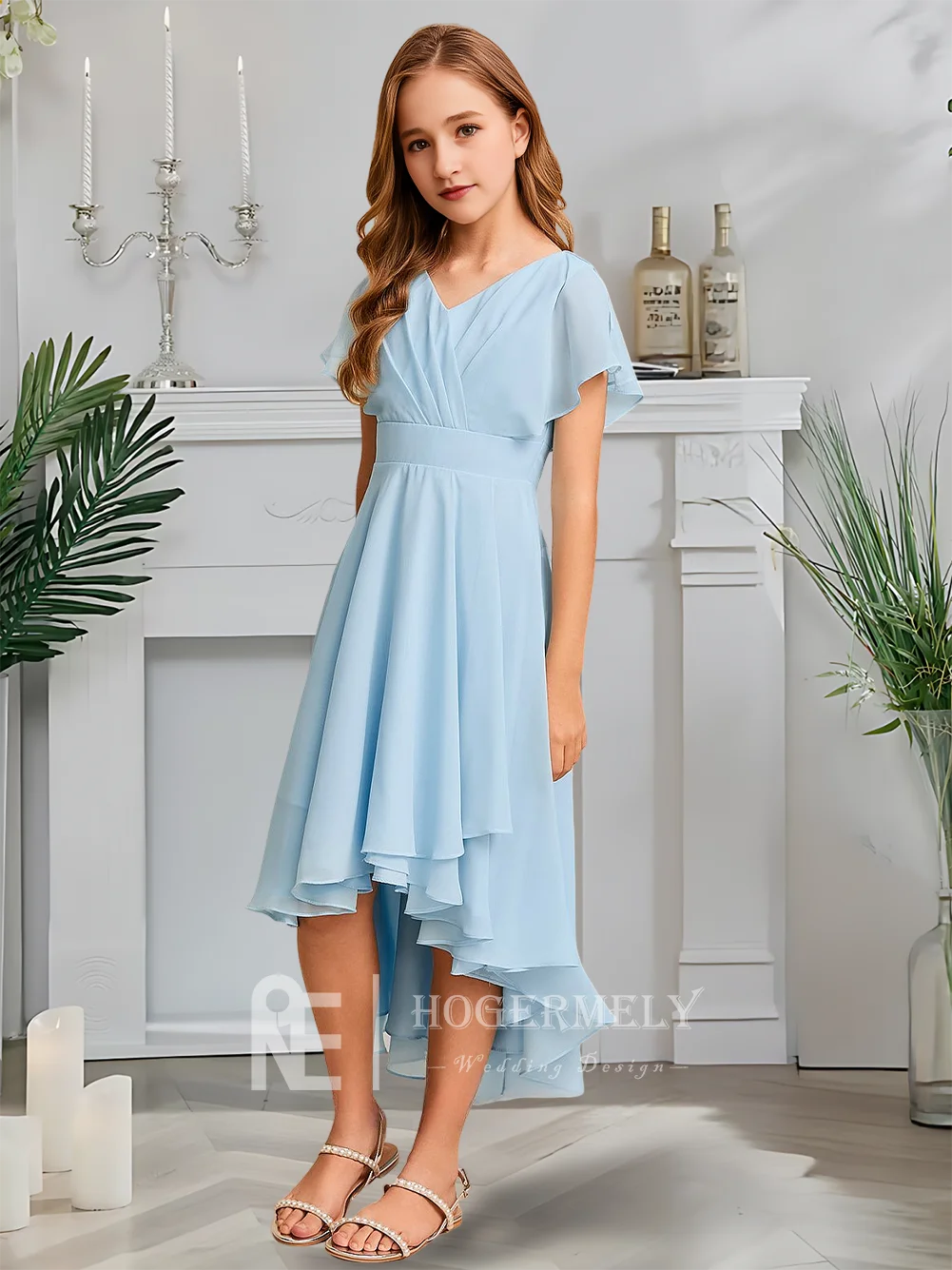 Um luxuoso vestido de dama de honra júnior com decote em v crianças azul flor menina vestido assimétrico chiffon a linha primavera soiree casamento