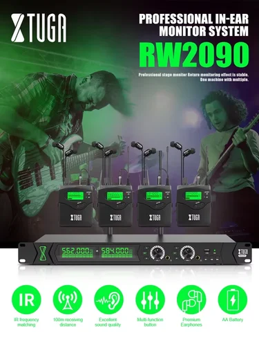 Imagen 2 del producto Sistema de Monitoreo Inalámbrico UHF XTUGA RW2090 902-928MHz para Cantantes y Artistas, Múltiples Transmisores, Sincronización IR, Alcance de 230 pies, USB
