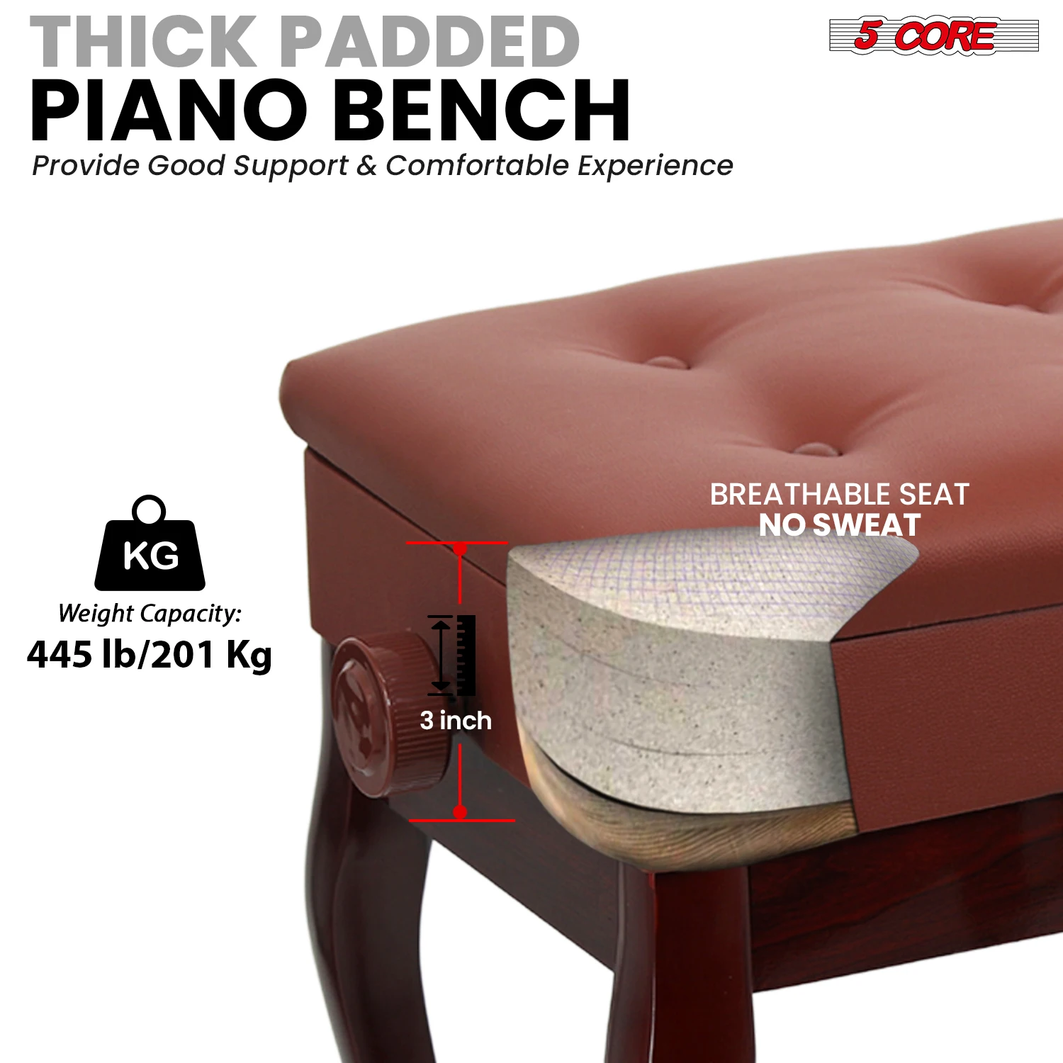 5 Core Piano Bench with Storage Wooden Adjustable Keyboard Stool Heavy Duty Padded Cushioned Seat PNB WD HD CHRY view 2