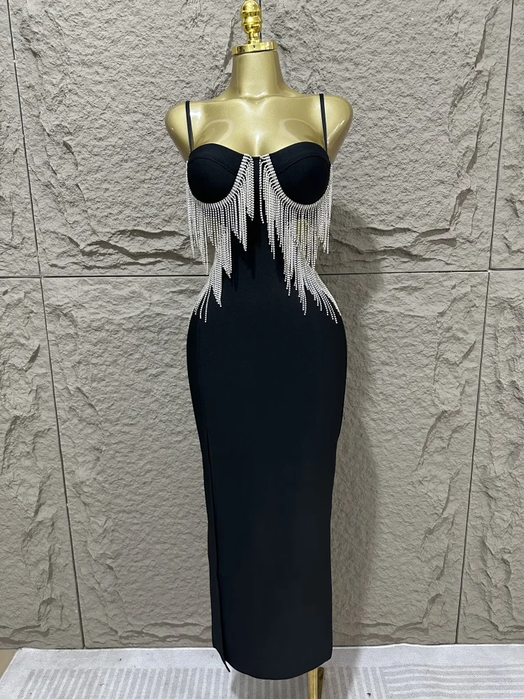 

Luxury women summer black sexy spaghetti straps diamonds tassel hollow out slim bandage dress elegant fashion party dress