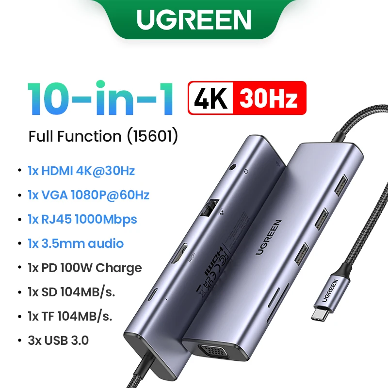 UGREEN USB 허브 듀얼 모니터 Type-C to 4K HDMI VGA Gigabit RJ45 SD&TF USB3.0 포트 PD100W 도킹 스테이션 (MacBook, Dell, HP 호환)