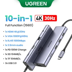 UGREEN USB HUB Dual Monitor Type-C to 4K HDMI VGA Gigabit RJ45 SD&TF USB3.0 Ports PD100W Dock for MacBook Dell HP Accessories
