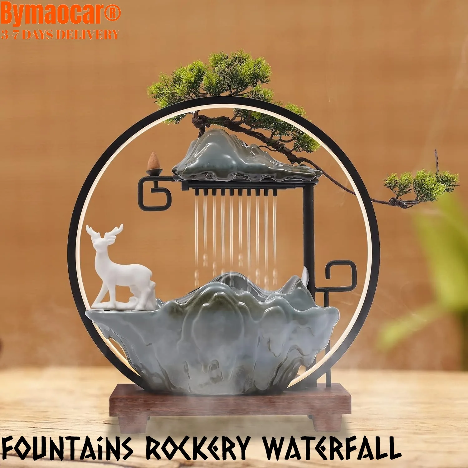 

Tabletop Water Fountains with Mist LED Light Ring, Artificial Plants & Backflow Incense, 13.8*7*15" Indoor Waterfall for Relax