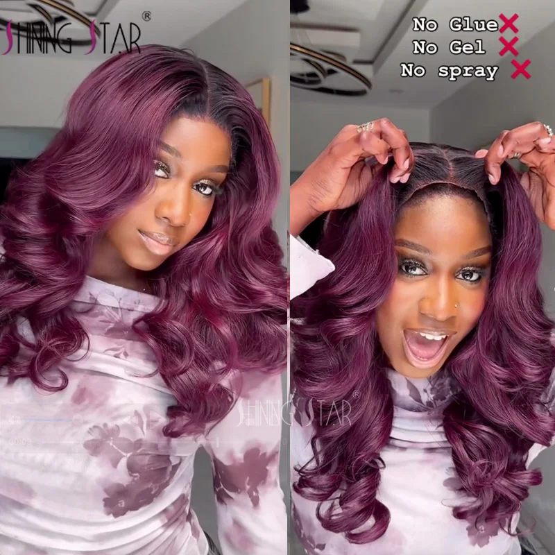 Wear And Go Бесклеевой парик из человеческих волос Pre Cut Ombre Burgundy Body Wave Curly 99J 4X4 Кружевная застежка спереди Бесклеевой парик Готов к ношению