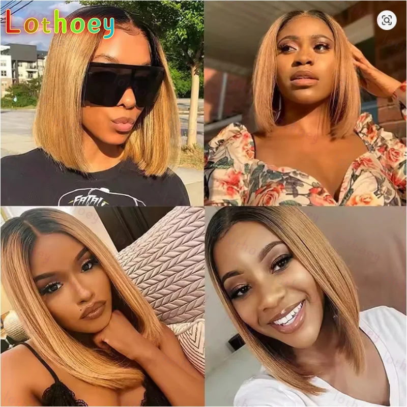 

Glueless wigs Wear & Go Lace front Ombre Honey Blonde Bob Wig Honey Brown Straight Human Hair Wigs Lace Part Brown Wigs Natu