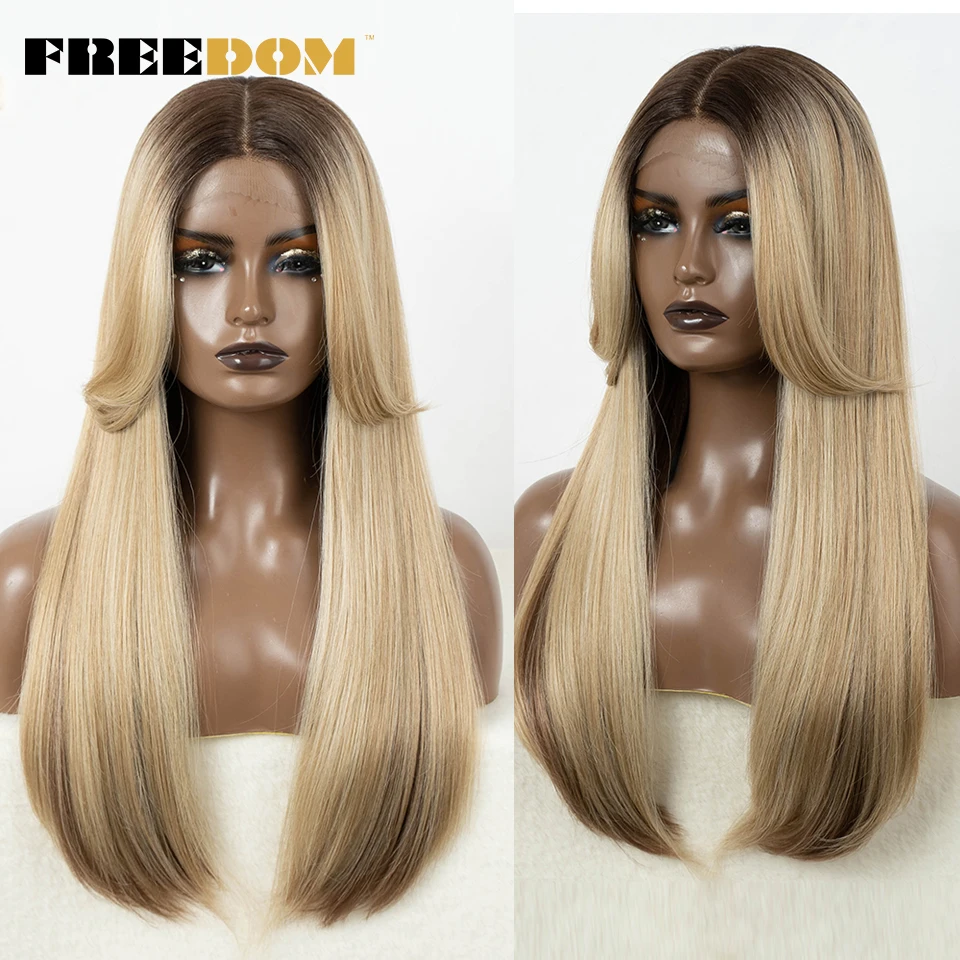 

FREEDOM Synthetic Lace Front Wigs For Black Women Straight Bob Wigs 22 inch Ombre Brown Blonde Lace Wigs Cosplay Wig