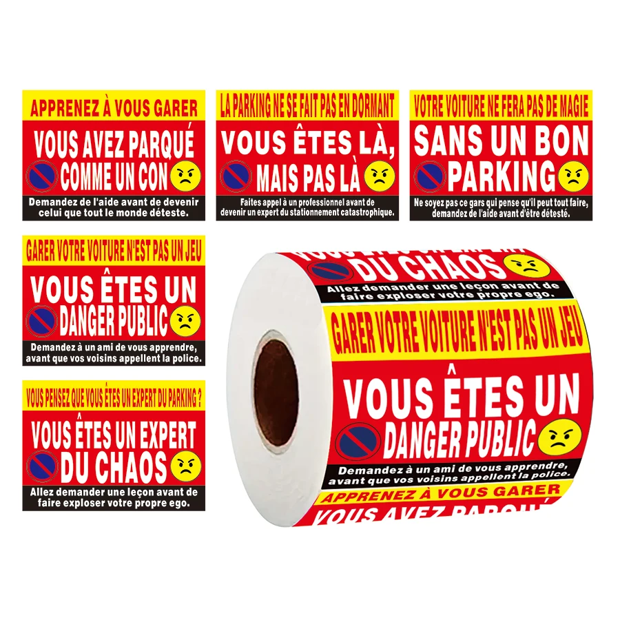 100 Pcs French No Parking Stickers - 5 Satirical Designs, Humorous Paper Labels for Illegal Parking Warning Notices