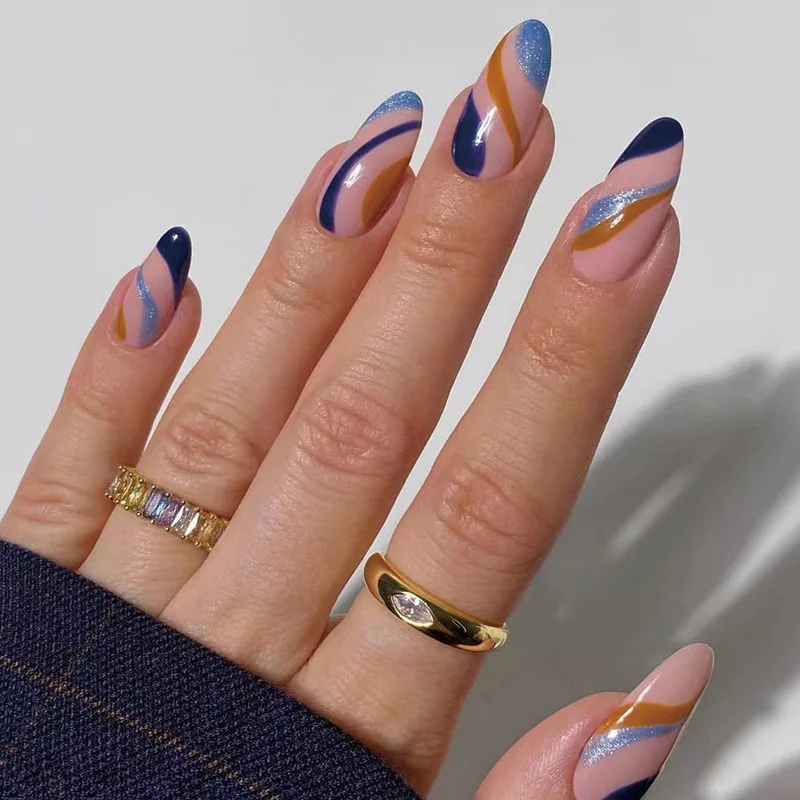 24pcs/box Ballerina Flase Nail Tips Colorful Ribbon Design Nail Art Almond Style Fake Nails Press on Nails Removable with Glue