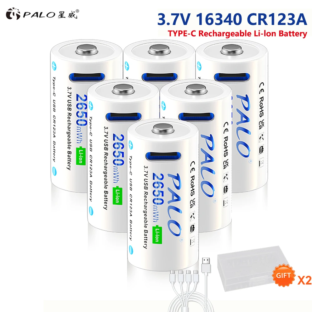 PALO 2-12PCS 3.7V CR123 CR123A Rechargeable Battery Type C USB RCR123 16340 16350 Btteries With USB Cable For Flashlight Camera