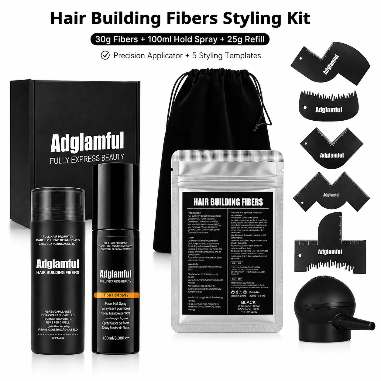 Complete Hairline Styling Kit with Hair Building Fibers, Hold Spray, Refill Pack, Precision Applicator and 5 Styling Templates