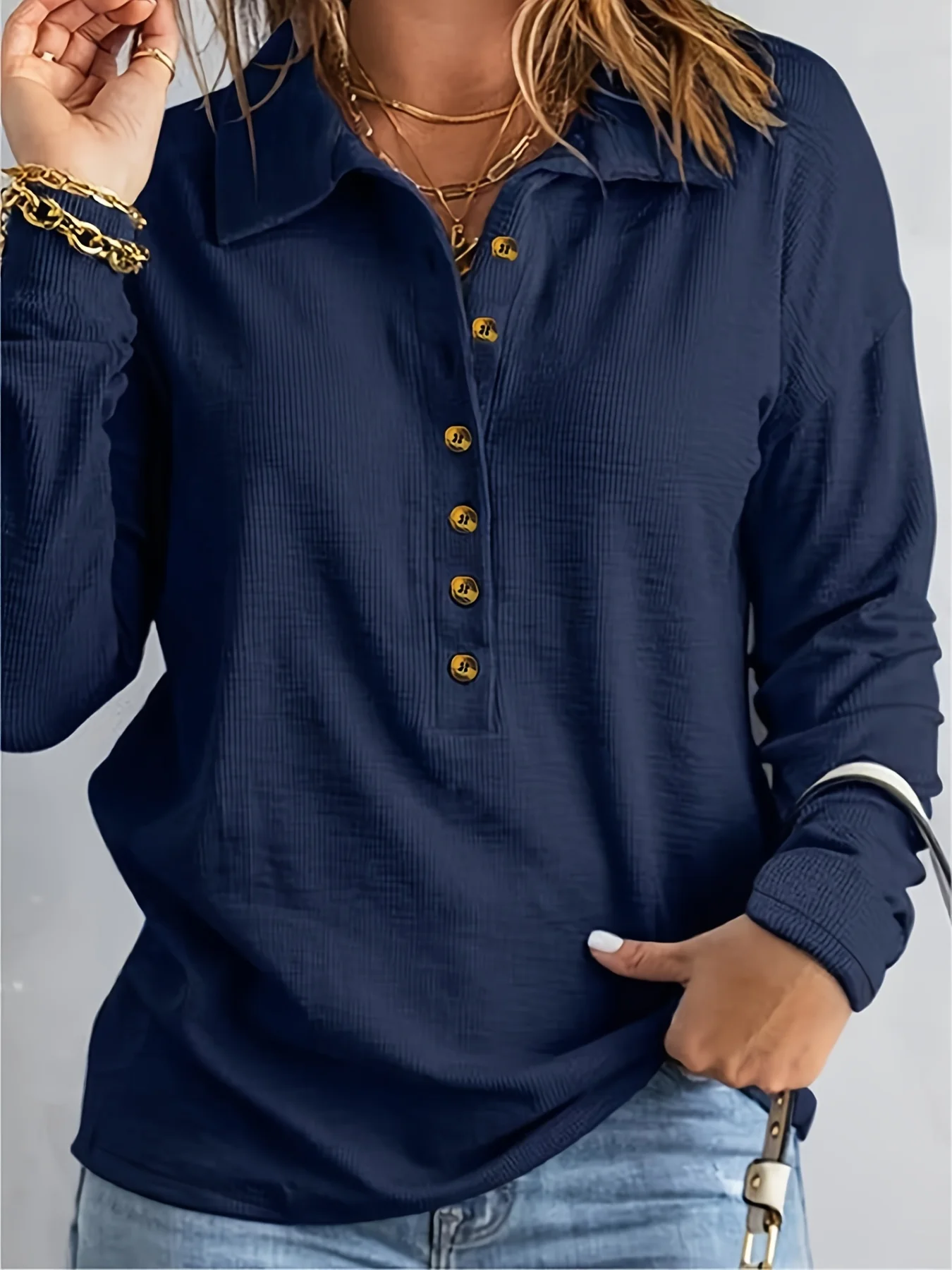 Marineblaues Hemd mit Knöpfen in Übergröße, gekerbte Kragen, strukturierte Langarmbluse, Business-Casual-Büro- und Alltagskleidung, 1–5XL