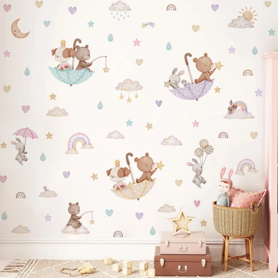 

Cartoon Bear Puppy Umbrella Rabbit Rainbow Wall Stickers For Child Room Boy Room Decoration Nursery Baby Room Decoration Decal