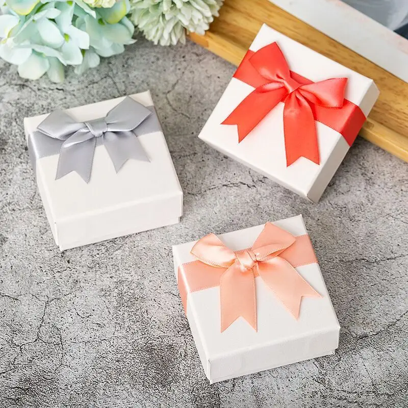 12pcs Jewelry Packaging Display Grey Sponge 7.5x7.5x3.5cm Paper Necklace Ring Brooch Earrings Bracelet Gift Box with Bow