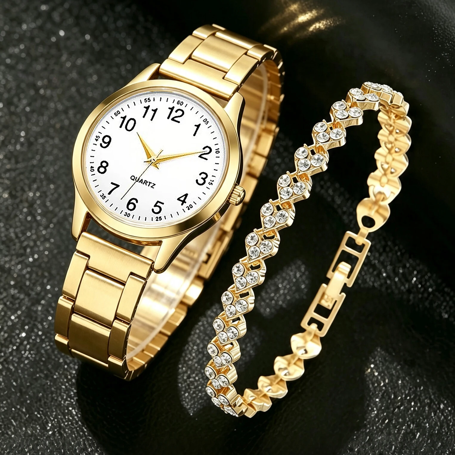 2-Piece Women's Fashion Watch Set with Heart-Shaped Rhinestone Bracelet, High-End Trendy, Exquisite Simple Pattern Quartz Watch and Bracelet Combo, Best Gift Choice for Best Friend's Birthday, Girlfriend's Travel Vacation, Graduation Season, Halloween, Valentine's Day, Christmas
