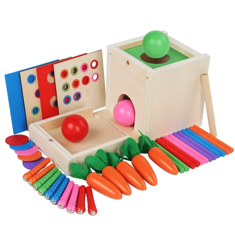 Drewniany zestaw zabawek Montessori 6 w 1 Zestaw do zabawy z pudełkiem na monety Sorter kształtów marchewki Zabawka do upuszczania piłek — 2