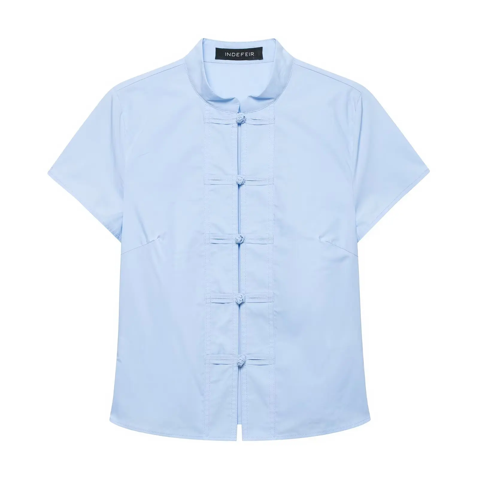Vintage Oriental Frog Closure Shirt Female Casual Short Sleeve Stand Neck Blouse Elegant Slim Fit Solid White Blue Top Camisas