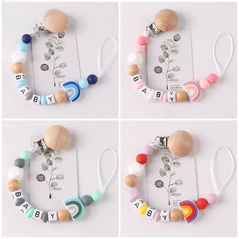 Nouveau nom personnalisé fait à la main hêtre attache-sucette chaîne Silicone arc-en-ciel sucette chaîne bébé dentition chaîne de dentition cadeau