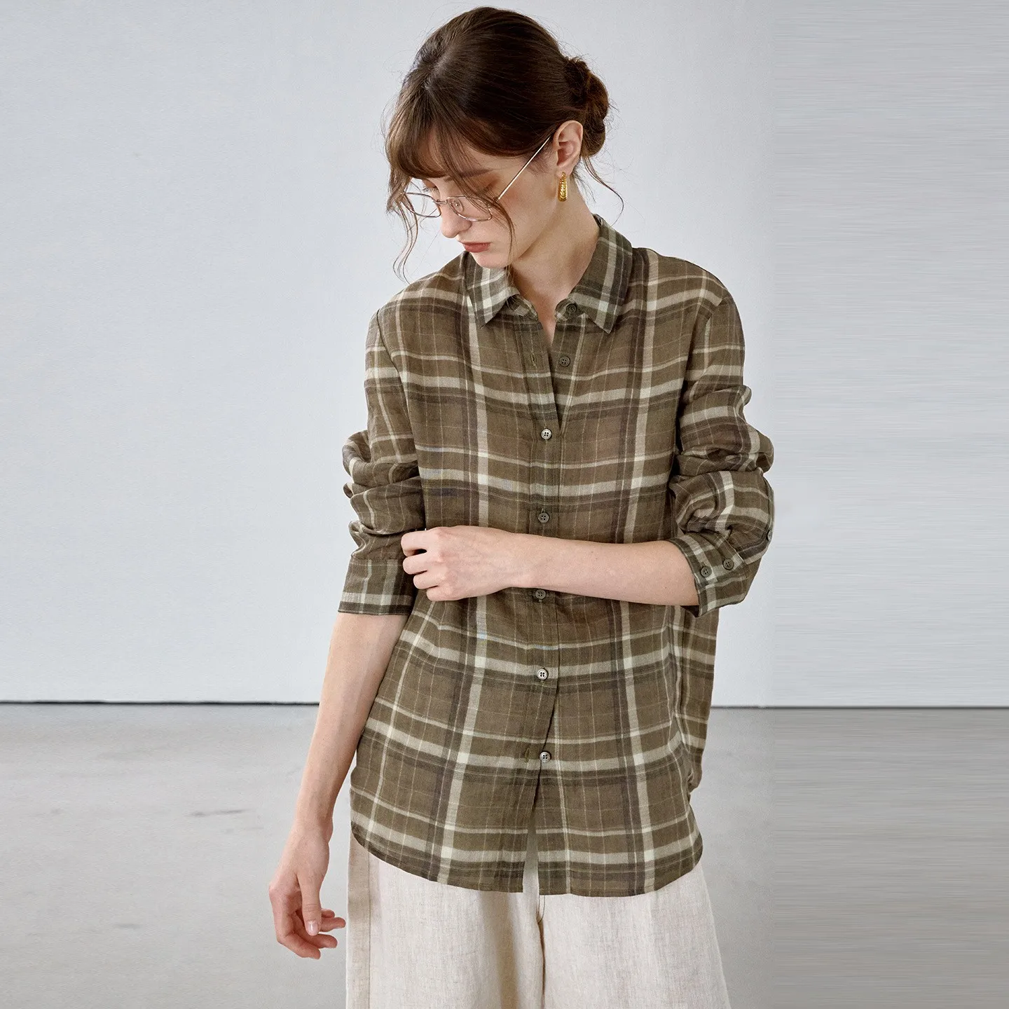 Plaid Striped Shirt Regular Fit Ol Commuter Style with Plaid Pattern Single Row Multi Button Closure Regular Length Women Blouse