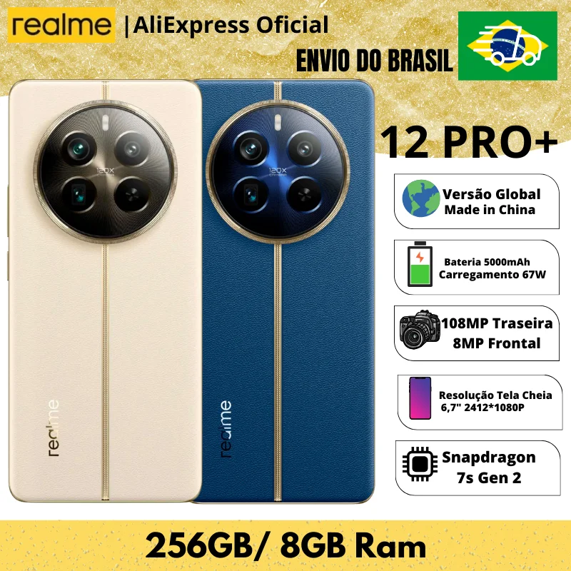 Celular Realme 12 Pro+ 256/8 | Envio do Brasil | Smartphone 5G , ROM Global , Processador Snapdragon 7s Gen 2 , Carregador 67W