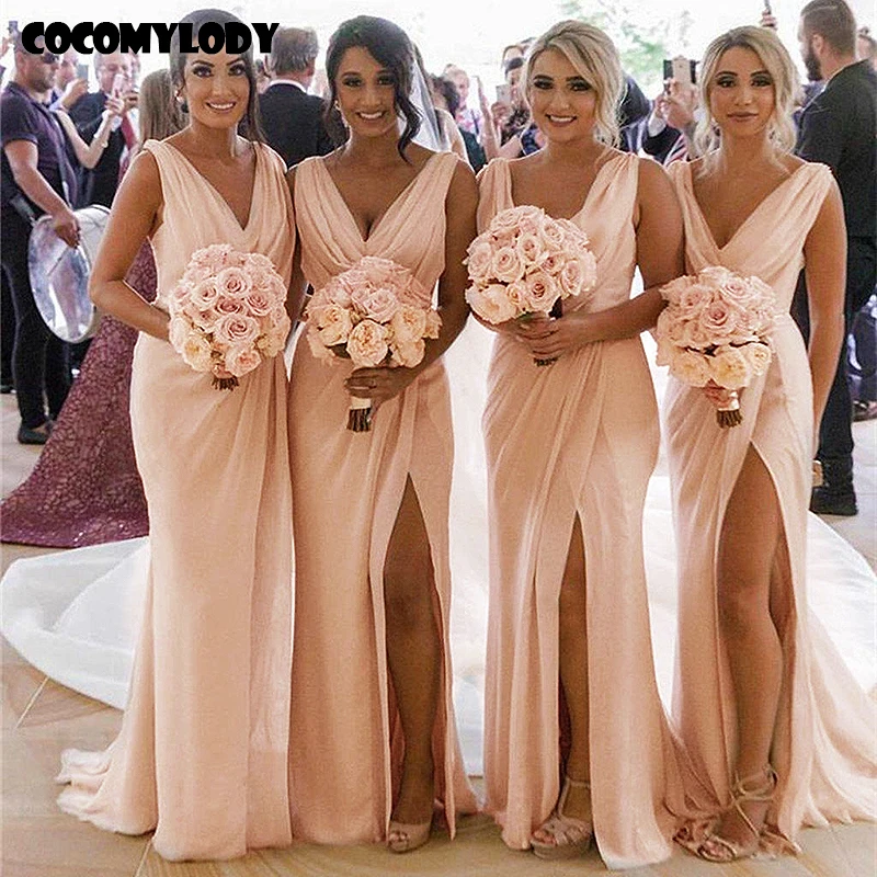 COCOMYLODY Simple Long Bridesmaid Dresses Pleat V-Neck Front Slit Chiffon Bridal Gown for Wedding Party Reception Event