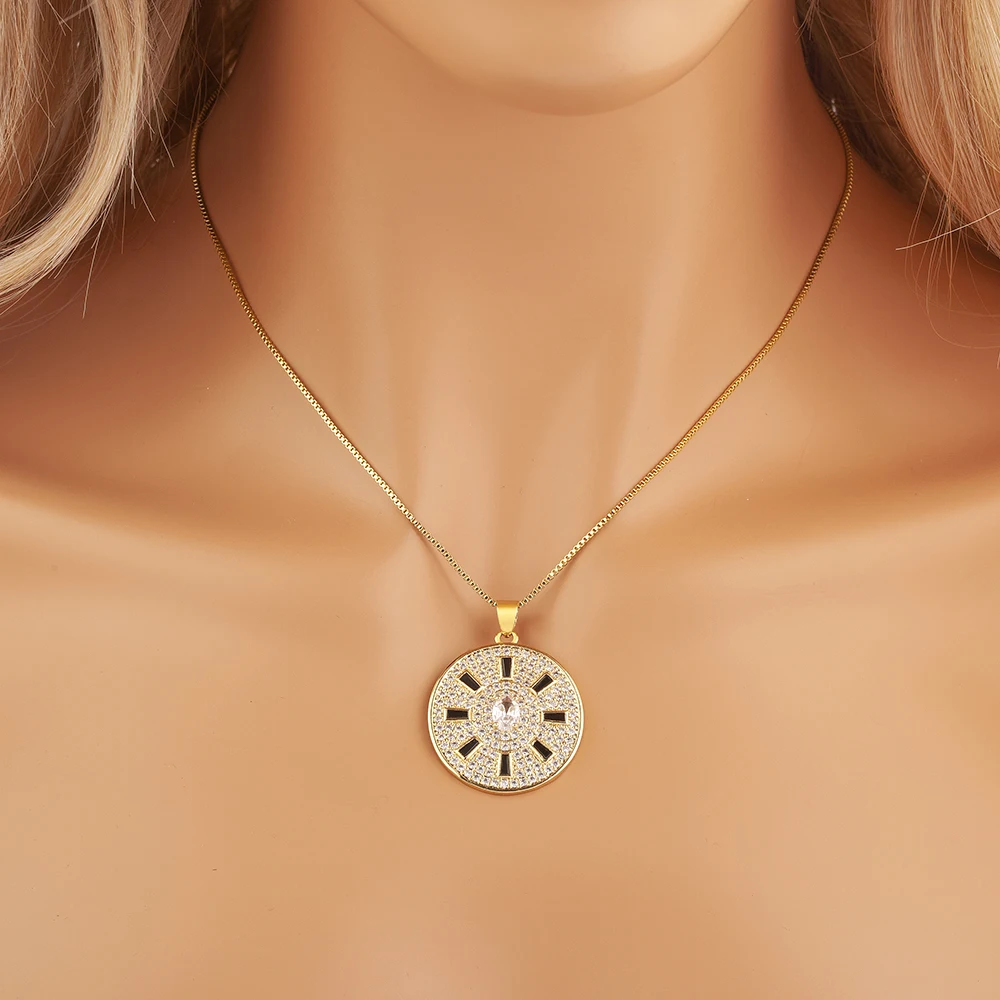 Nidin Classic Sun Shaped Circular Fashion Chain Charm Shiny Zircon Pendant Necklace For Women Jewelry Party Friend Fine Gift