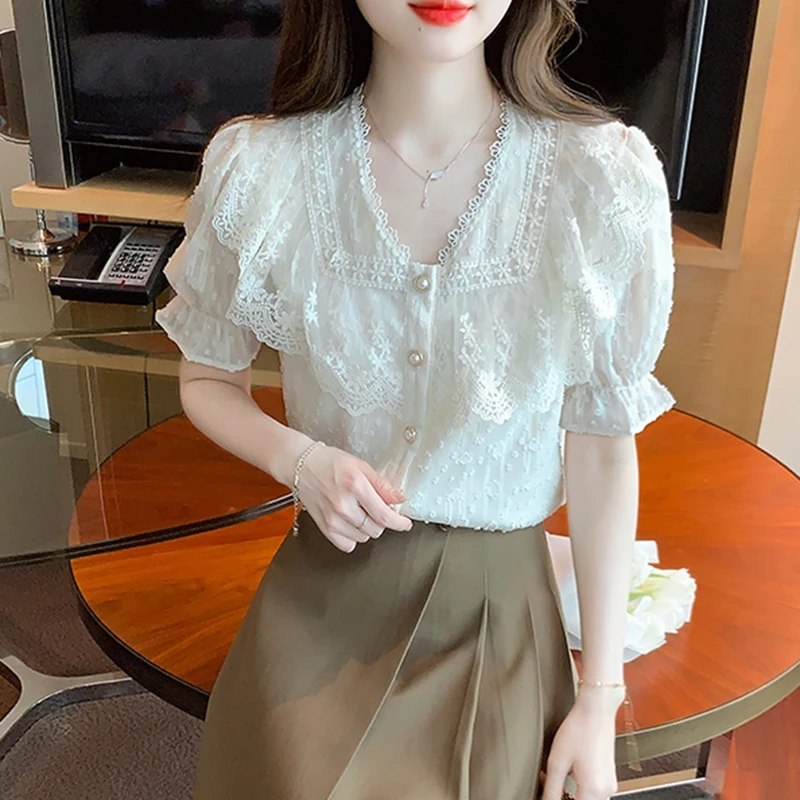 Romantic summer punching lace women blouse BL1413