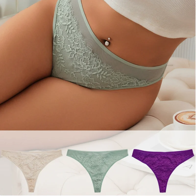 

3PCS Midriff Sexy Lace Thong Panties For Women Transparent Solid Color Underwear Ladies Lingerie Comfortable Breathable Panty