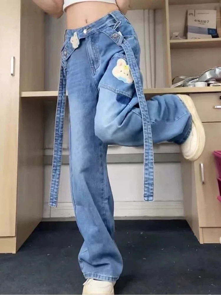Women's Blue Rabbit Embroidered Cartoon Jeans Pocket Y2k 2000s American Casual Autumn And Winter New Design Straight Trousers