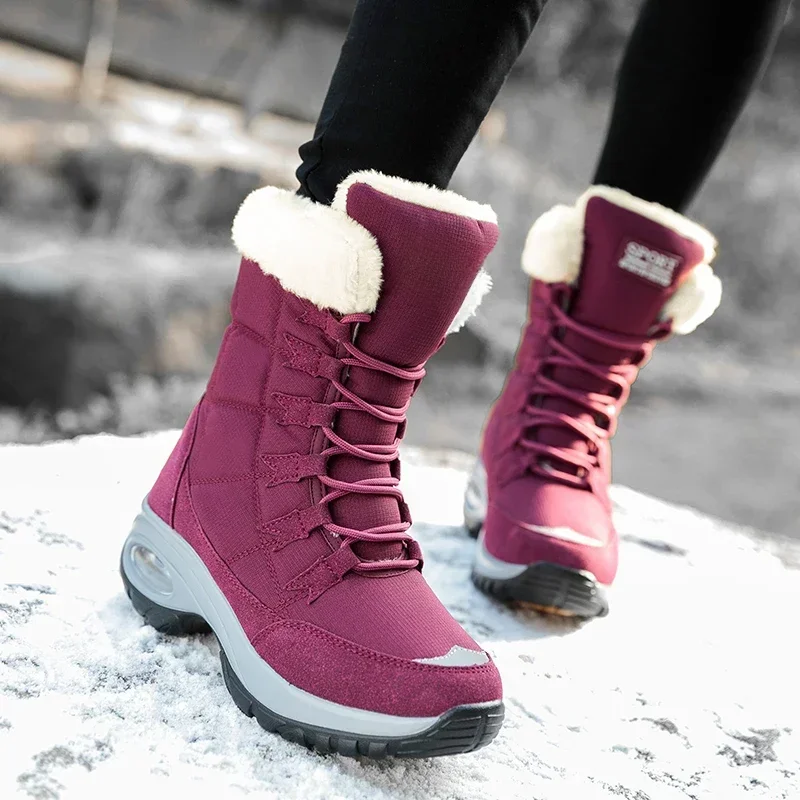 Cuissardes hautes pour femmes, bottes de neige chaudes en fourrure, chaussures d'hiver imperméables à enfiler, confortables, bottines de randonnée en plein air