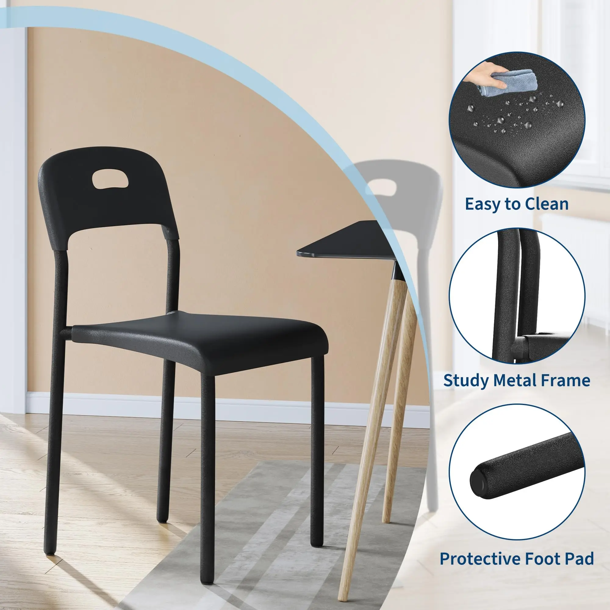 Chaise de salle à manger moderne empilable en plastique – Ergonomique, imperméable et résistante aux taches, pieds en métal, gain de place, assise confortable, montage facile – Pour cuisine et salle à manger