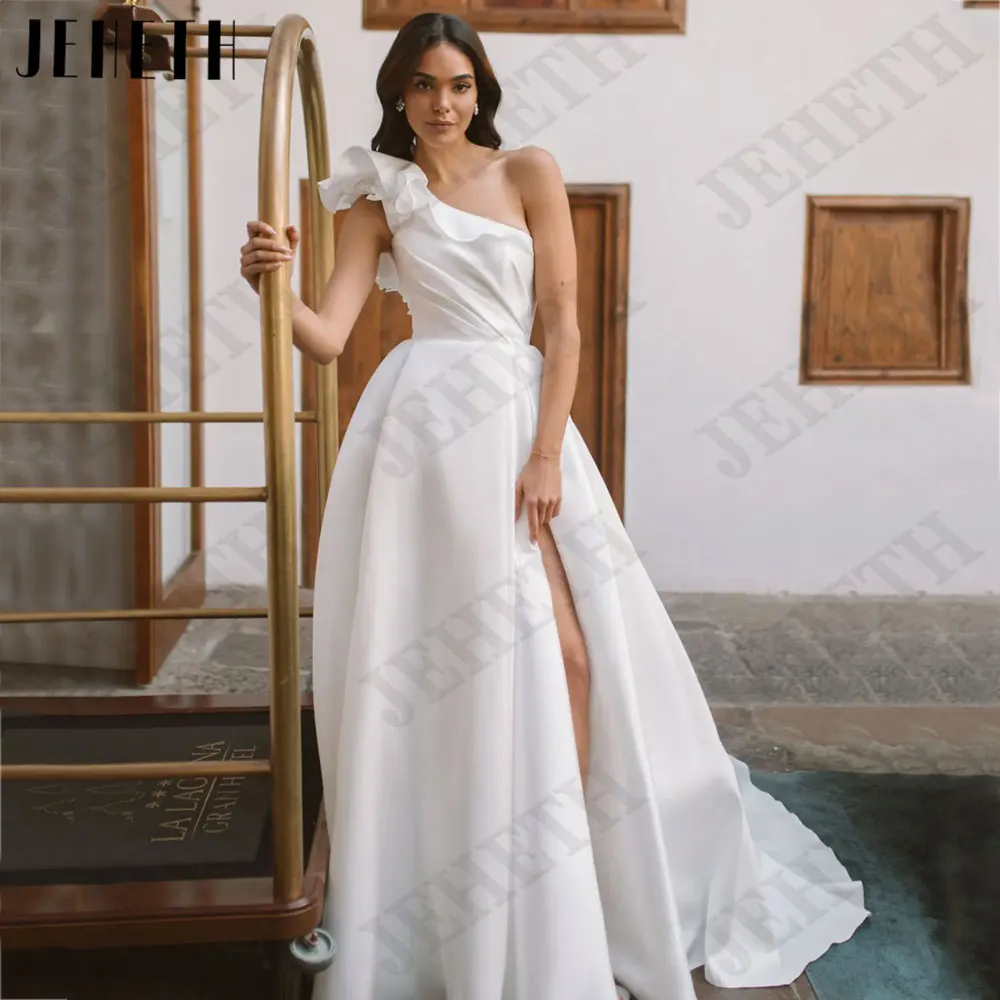 

JEHETH One Shoulder Satin Wedding Dresses Sleeveless Side Slit Bride Gown Backless Back Lace Up vestidos novias boda Custom Made