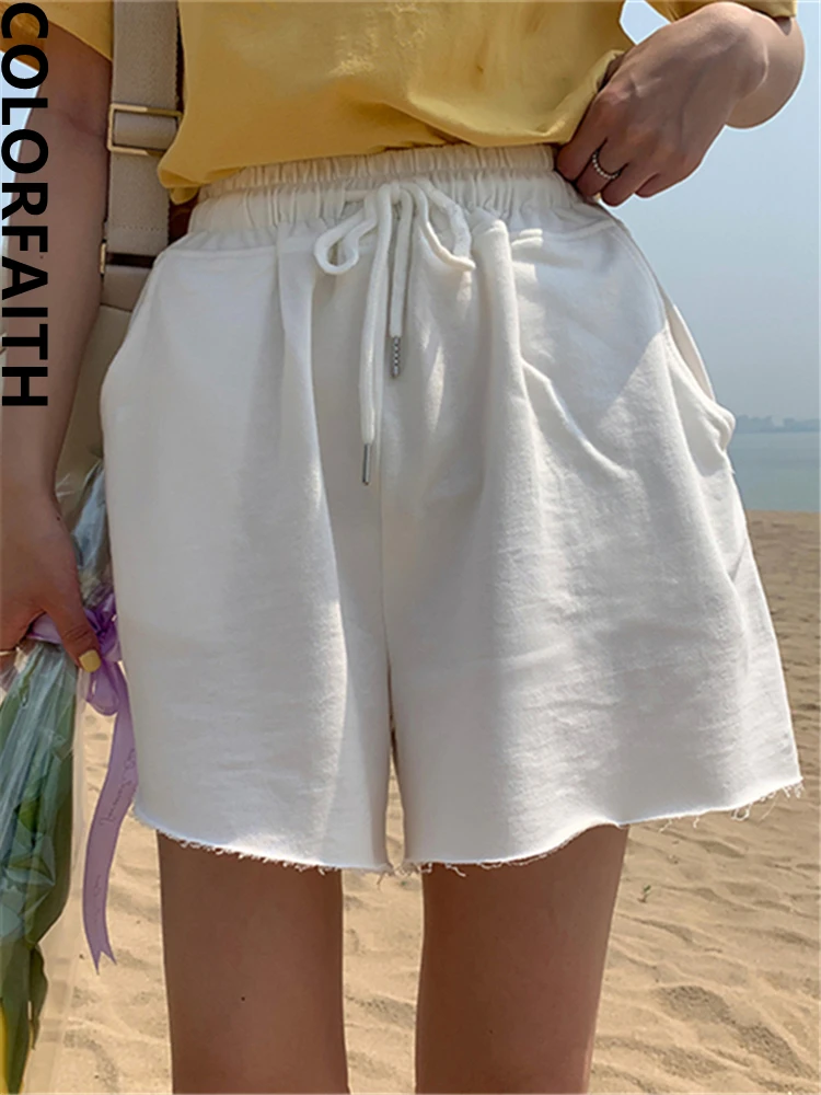 Colorfaith-Shorts femininos de cintura elástica alta, Capris de praia, Shorts de corrida extragrandes, Calças com renda, Verão, Novo, 2023, 2023