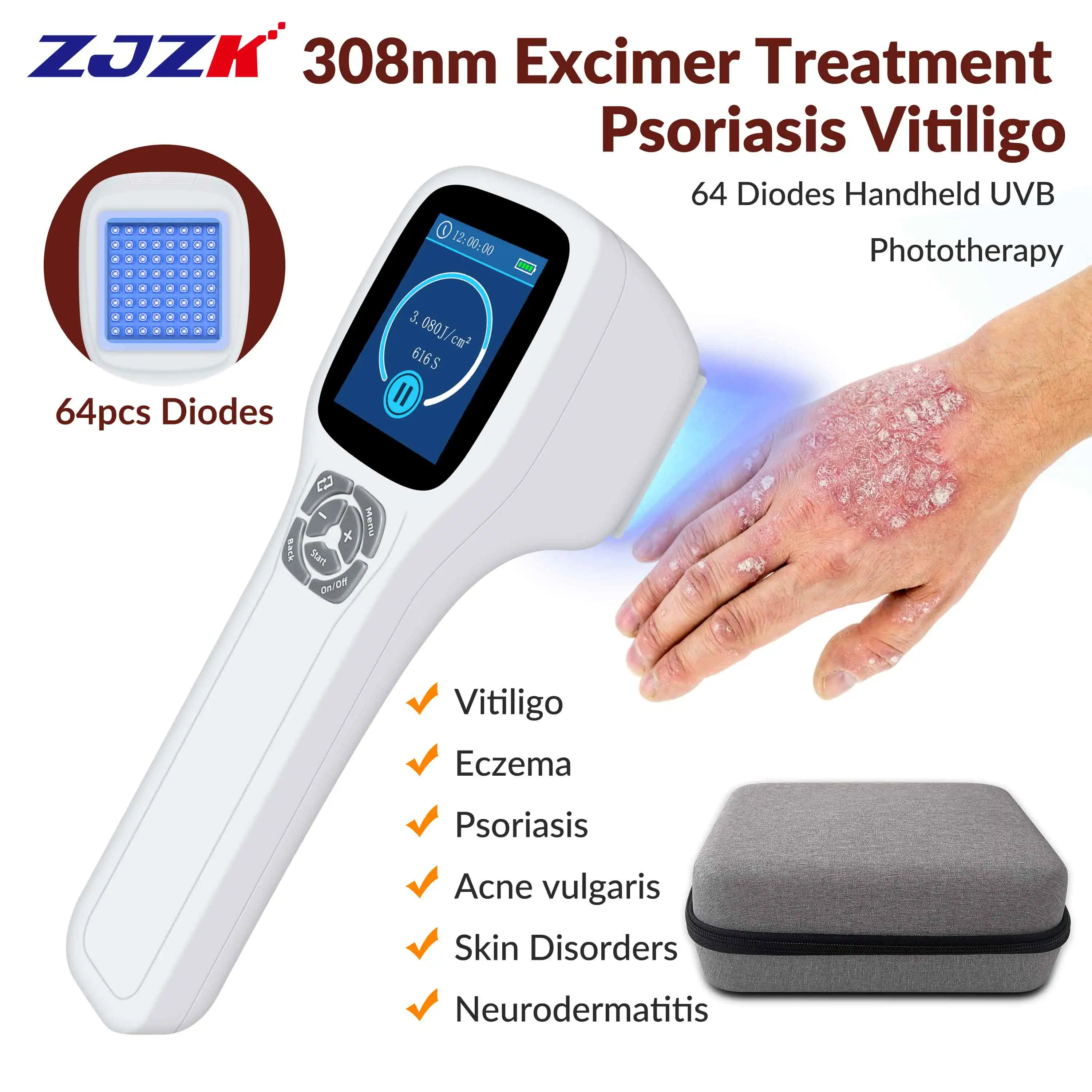 ZJZK 450mW Vitiligo Black 308nmx64diodes Narrow Band Light Therapy Benefits Of Blue Light For Skin Alopecia Areata Eczema