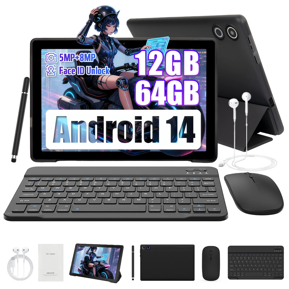 A10L 10 pulgadas Android 14 tableta cara desbloqueo HD IPS pantalla octa-core 12GB + 64GB funda protectora Stylus teclado ratón auriculares