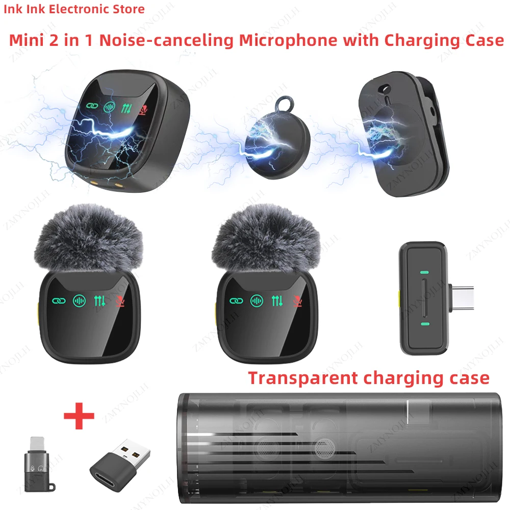 Micrófono Lavalier inalámbrico con enchufe morado, con estuche de carga, pantalla LED, cancelación de ruido para teléfono inteligente, entrevista, Podcast, Vlog