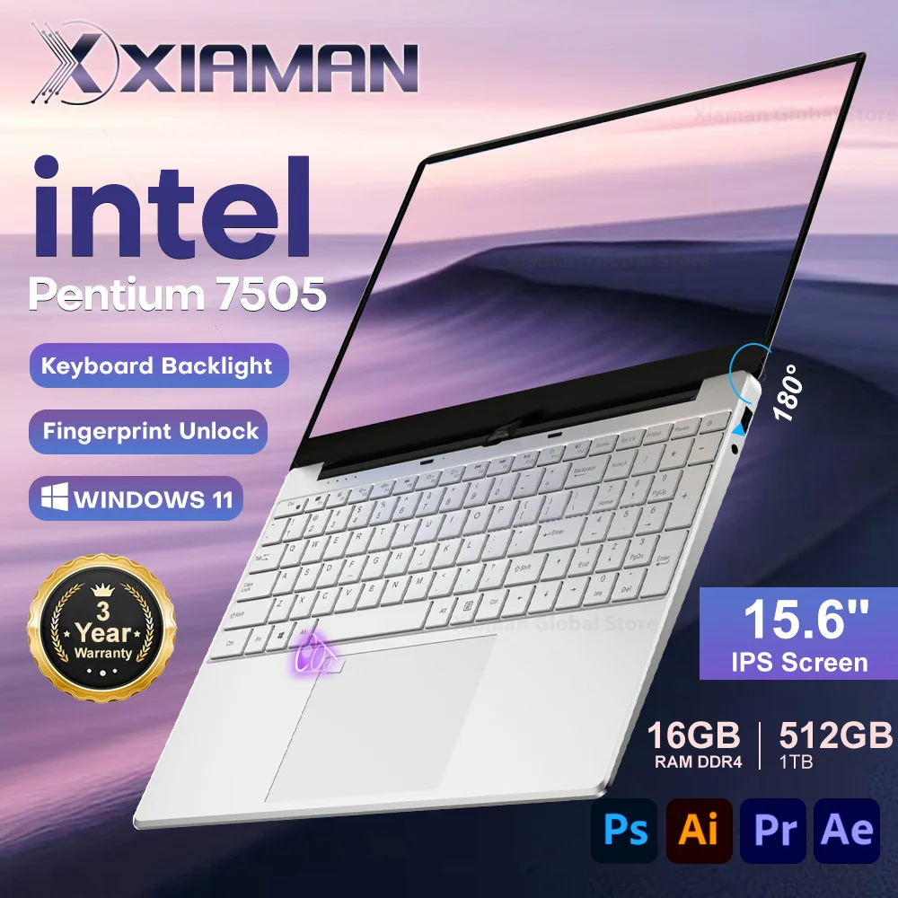 

Xiaman 15,6-дюймовый портативный компьютер Intel Pentium 7505 Windows 11 Pro двухъядерный портативный ноутбук ПК разблокировка отпечатков пальцев геймерский ноутбук