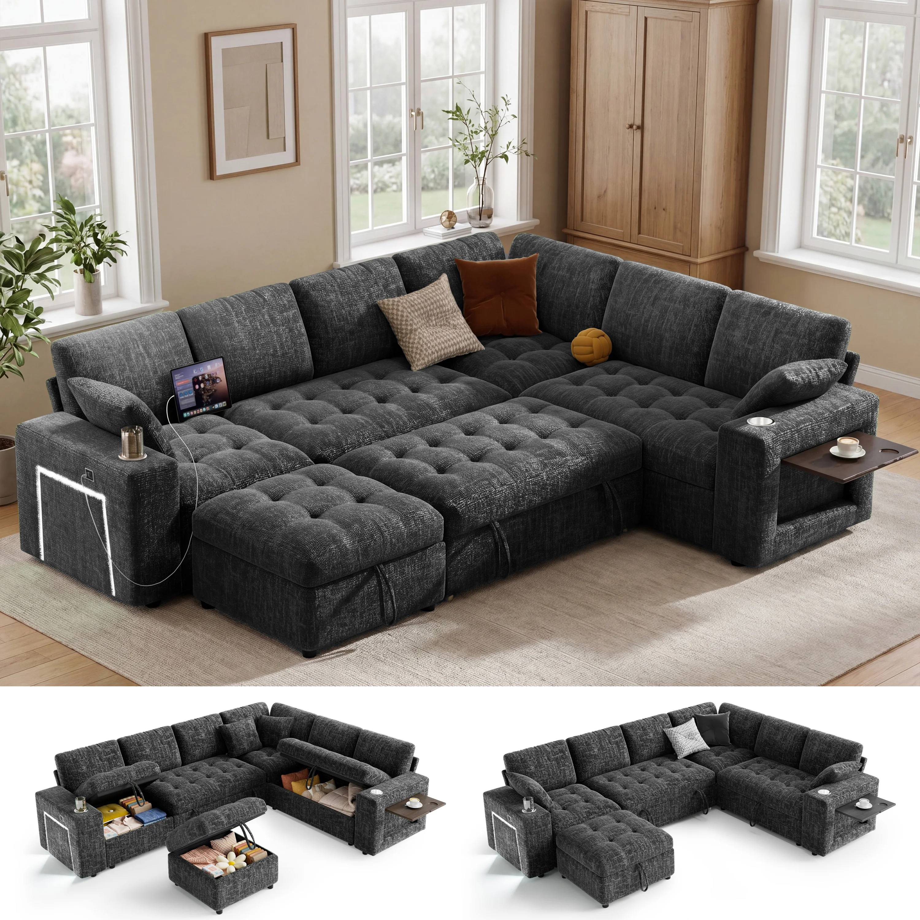 111 Inch Modular 7 Seat Chenille L Shaped Sectional Sleeper Sofa with Pull Out Bed Storage Ottoman USB Ports Cup Holders Side Table LED Light Tool Free Assembly Convertible Couch for Living Room Apartment