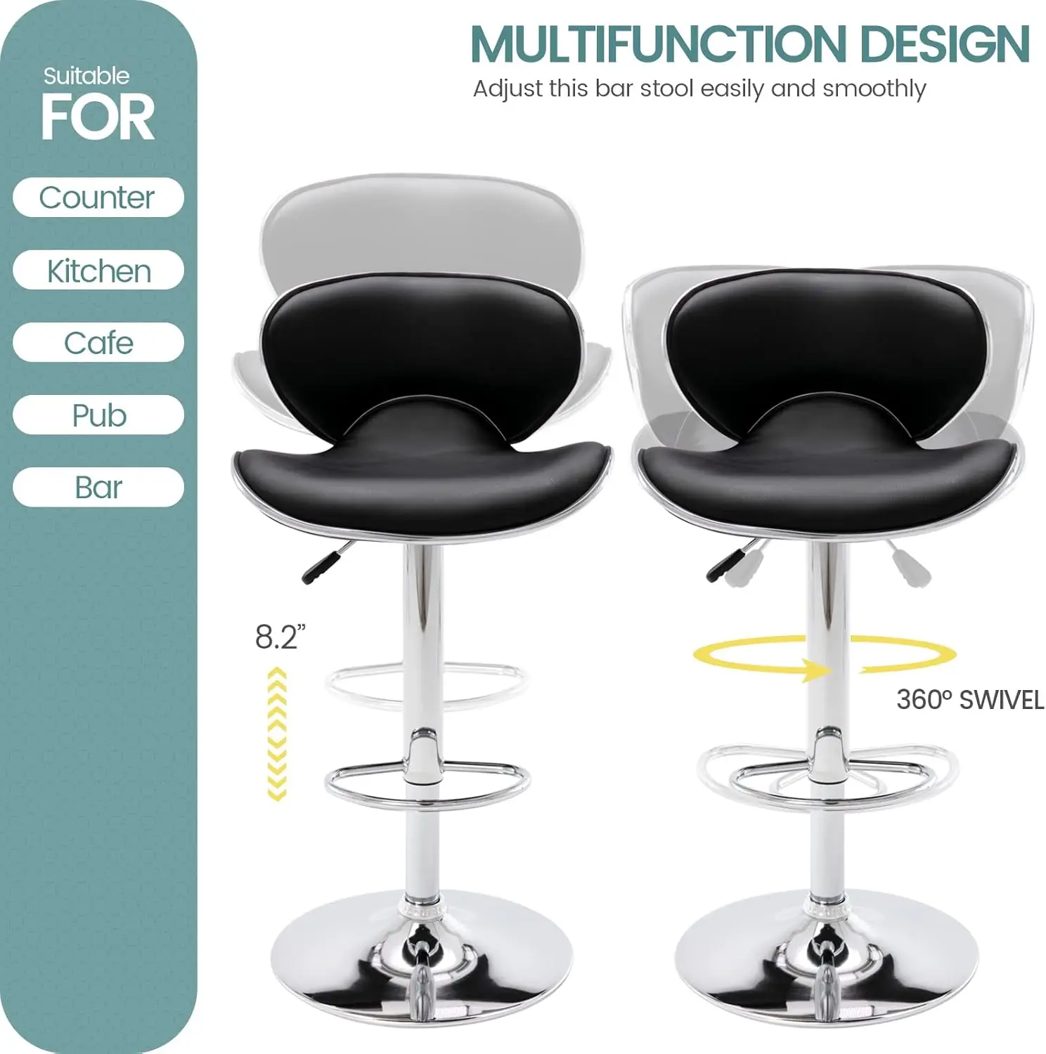 Banquetas de couro ajustável, Modern Swivel Airlift Barstools com costas, cadeiras sem braços da altura do contador