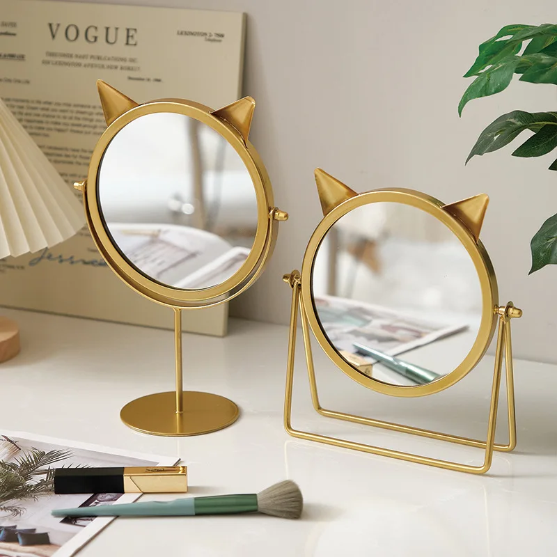 Espelho redondo de mesa pode levantar e girar espelho de alta definição de um lado espelho de maquiagem para casa espelho de vestir de orelha de gato