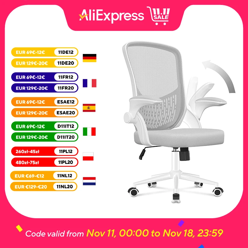 Chaise de bureau ergonomique, chaise de bureau avec 90 °   Accoudoirs pliants, soutien lombaire, rembourrage en maille respirante pour le bureau et la maison