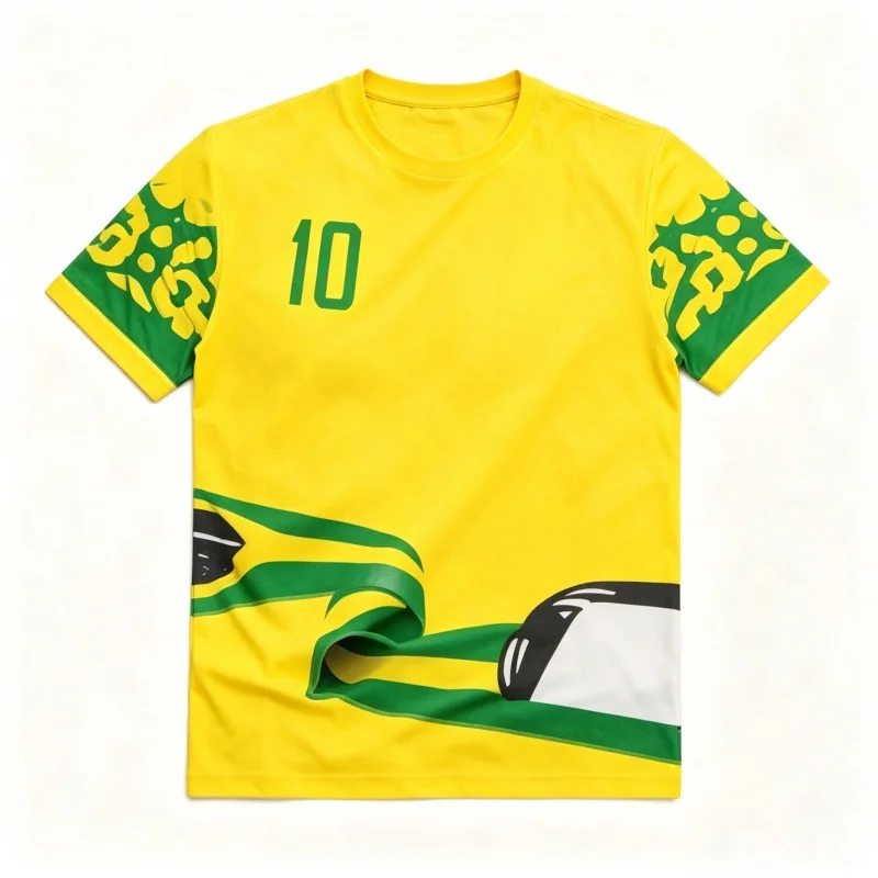 Men Brazil Number 10 Football T Shirt Yellow Green Wave Pattern Short Sleeve O Neck National Team Soccer Fan Casual Sports Tee T