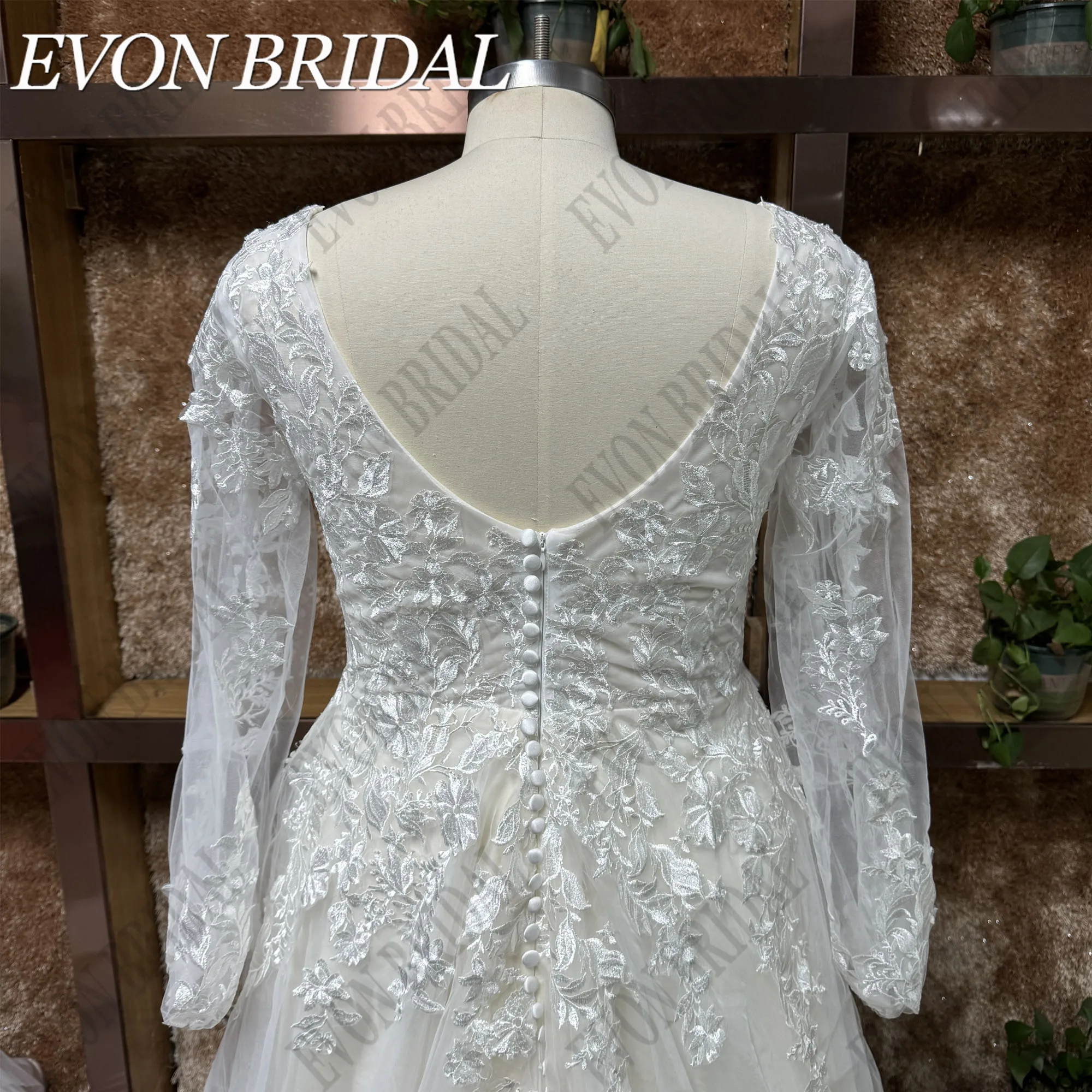 EVON BRIDAL Wedding Dress Plus Size V-Neck Puff Sleeves Applique A-Line Backless Lace Bride Gowns Sweep Train Vestido De Novia